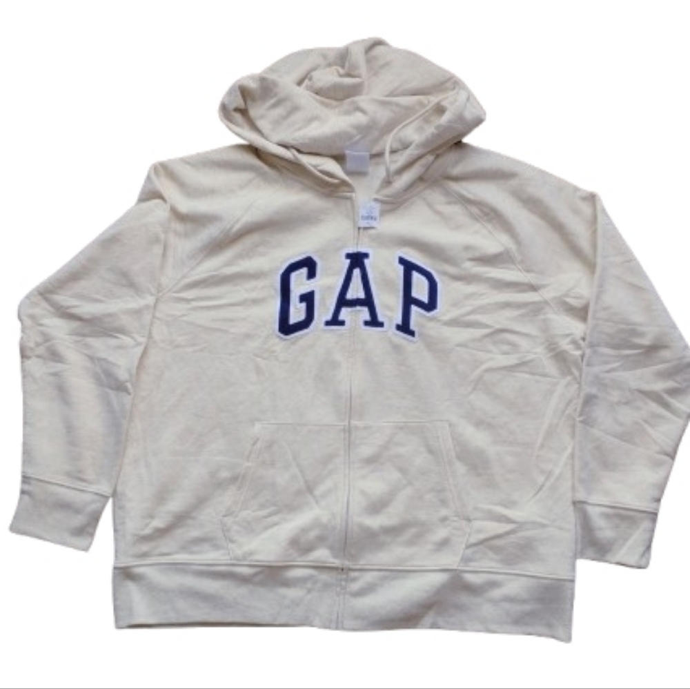 NWT GAP Beige Fleece Logo Zip Hoodie Men’s XXL Navy Letters